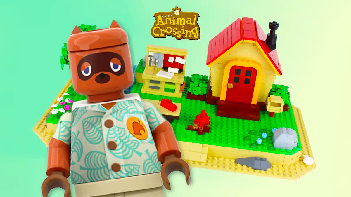 Imagen de un zorro de animal crossing en estilo lego, en el fondo una casa con un jardin