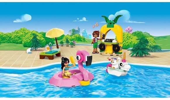 Imagen de personajes de friendas divirtiendose en una psicina, todo en estilo lego