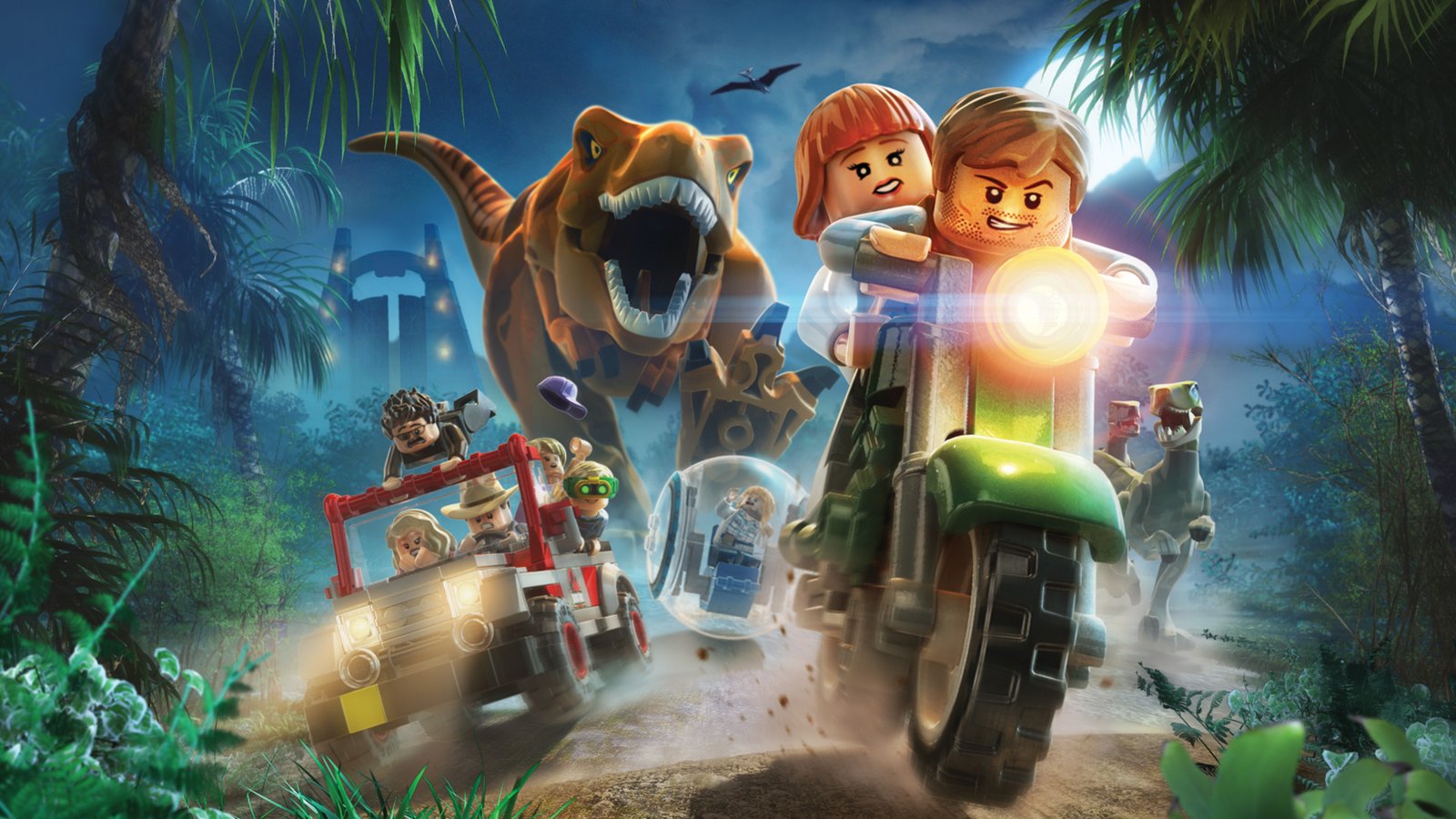 Imagen de los protagonistas escapando en auto y moto de un t-rex que los persigue
