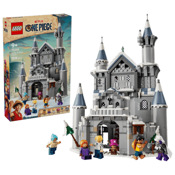 lego one piece 1 Imagen del set de lego de castillo Drum junto a la caja del set de lego