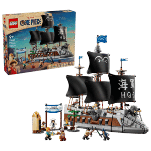 Imagen de la caja del set de lego junto al lego ya construido del bargo de Garp