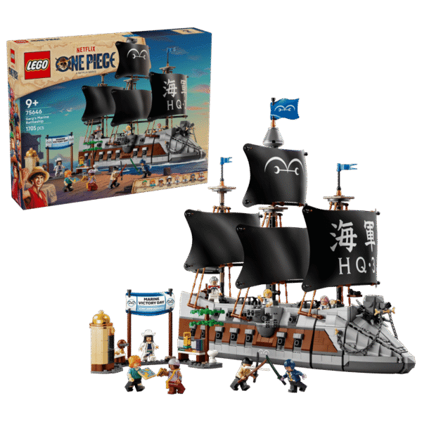 lego one piece barco 1 Imagen de la caja del set de lego junto al lego ya construido del bargo de Garp