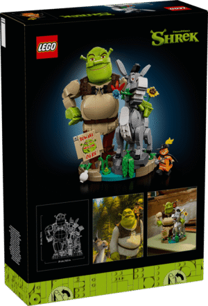 Imagen del set de lego de shrek en su caja de color negro