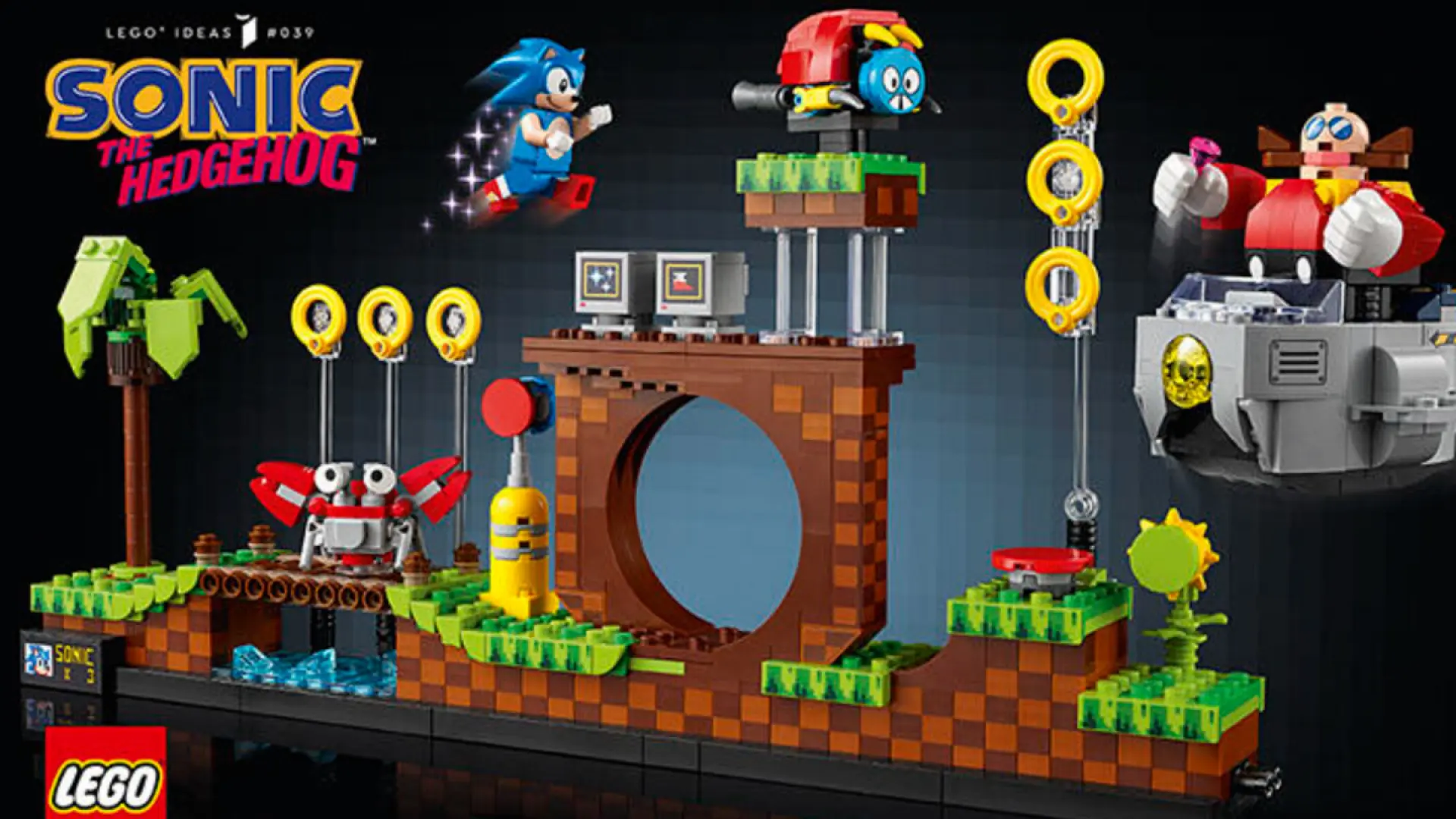 Imagen de sonic y los personajes del universo en el nivel 1 del primer juego, todo estilo lego