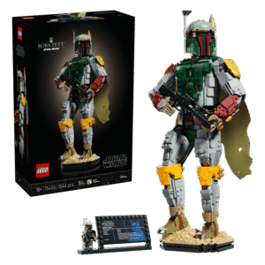 Imagen de la figura de boba fett al lado de su caja de lego en color negro