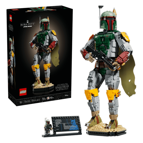 boba fett Imagen de la figura de boba fett al lado de su caja de lego en color negro