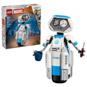 Imagen del lego herbie junto a su caja de lego en un fondo blanco