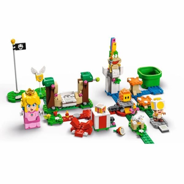 Imagen del lego de peach totalmente construido con peach, un esceario de los videojuegos y algunos enemigos, todo en fondo blanco